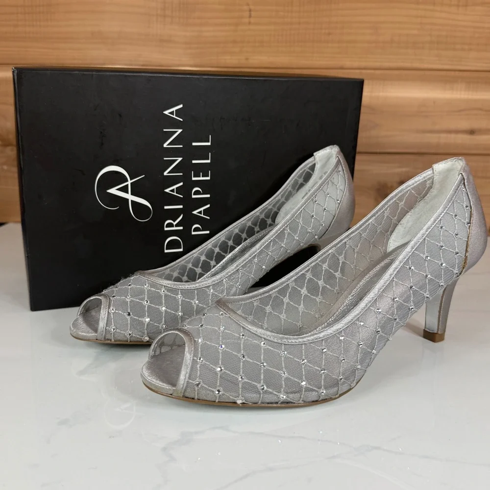 Adrianna Papell Jamie Silver Mesh Rhinestone Peep Toe Kitten Heel Womens 7 M